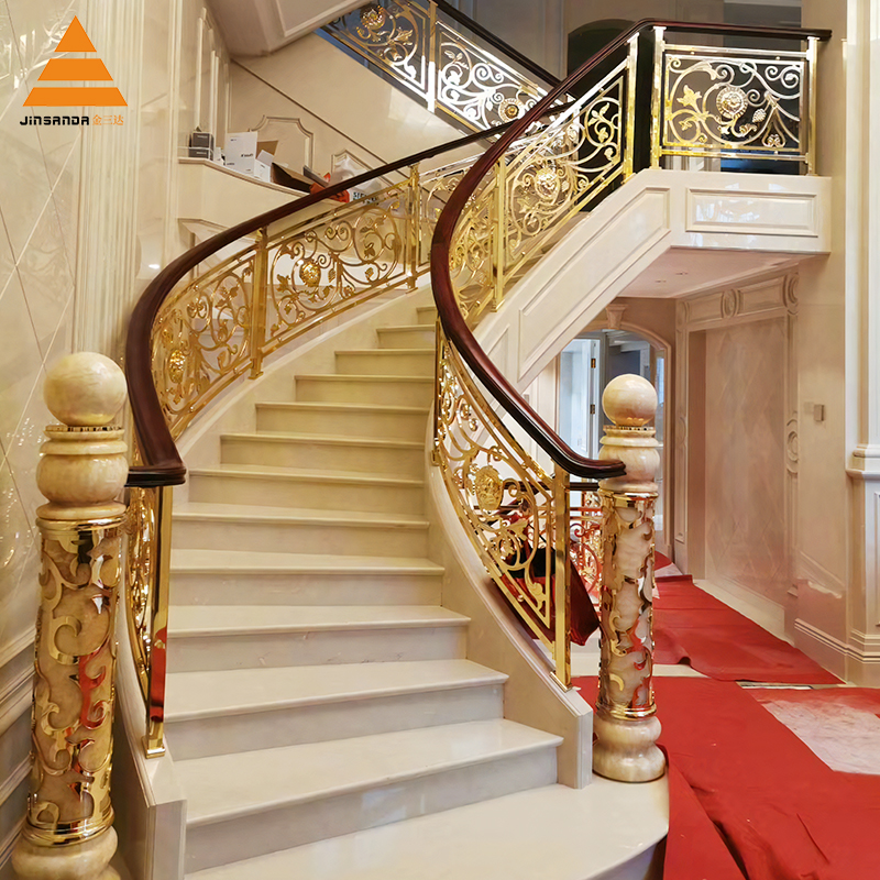 Villa self-built house aluminum alloy copper art home stair handrail guardrail rotating indoor European light luxury solid wood railing