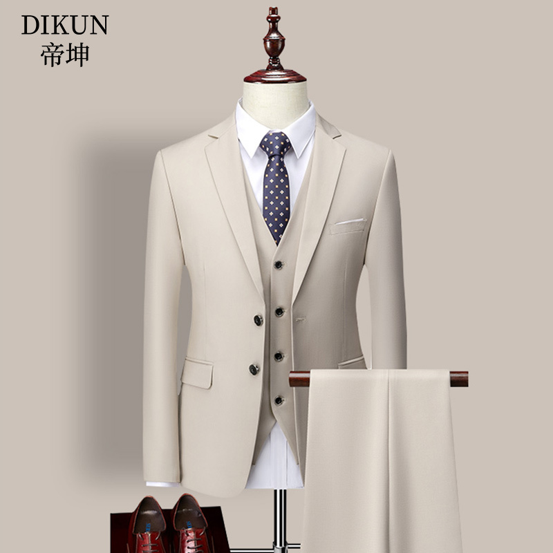 Men's Apricot Suit Set, Professional Business Casual Formal Wear, Korean Style Slim Fit Groom Wedding Dress, Groomsmen Suit