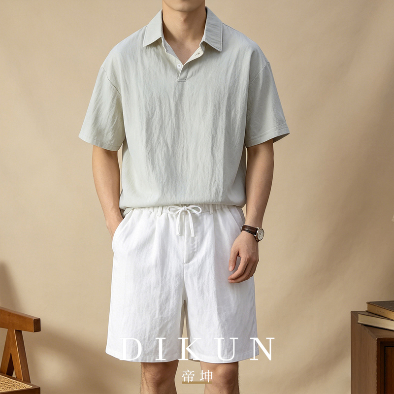Dikun Linen Cuban Shirt Set Men's Summer Retro Solid Color Short Sleeve Shirt Drawstring Breathable Five-Point Shorts