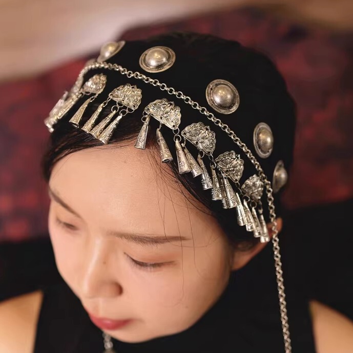 Chunfengyu Original Design Butterfly Tassel Ethnic Style Long Tassel Headband Imitation Old Silver Miao Silver Fashion Personalized Headwear