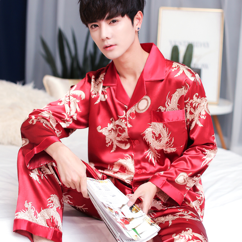 pajamamen cưới đỏ lụa đẹp trai lụa băng mỏng dài tay thiết lụa tơ tằm mùa xuân và mùa hè đồ ngủ Hàn Quốc.