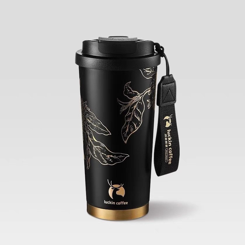 【中国直邮】瑞幸咖啡 烫金双饮不锈钢随行便携咖啡杯保温杯520毫升 烫金黑*1个