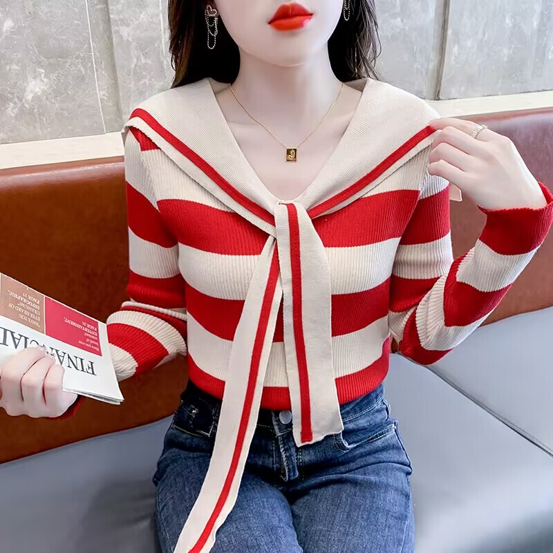 Autumn Striped Sweater Knitwear Women's 2024 New Loose Navy Collar Cardigan Thin Coat Top