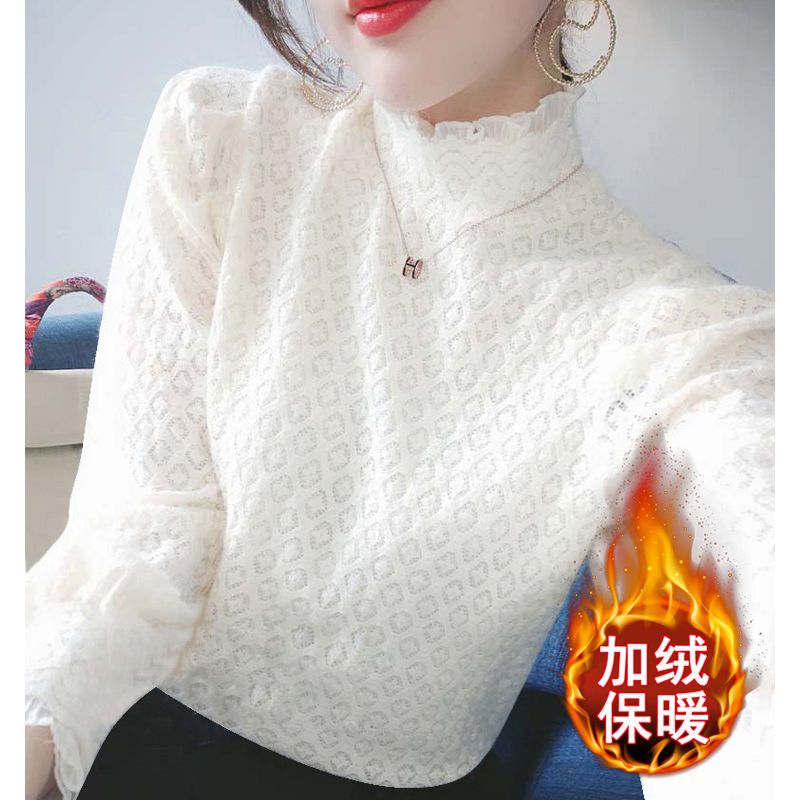 Fleece-Lined and Thickened Lace Base Shirt for Women, Long-Sleeved, New Autumn and Winter Fashion, Half-High Collar Lace Shirt, Stylish Top