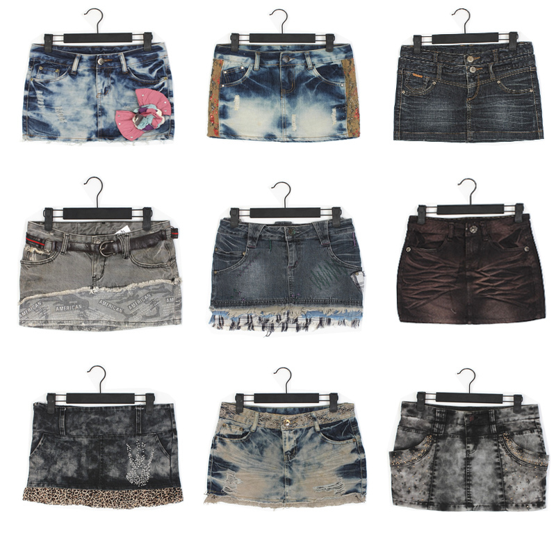 Y2K Retro Foreign Trade Hot Girl Denim Mini Skirt Millennium Style Low Waist Rivet Shibuya Tie-Dye Ripped Asian Style Bx