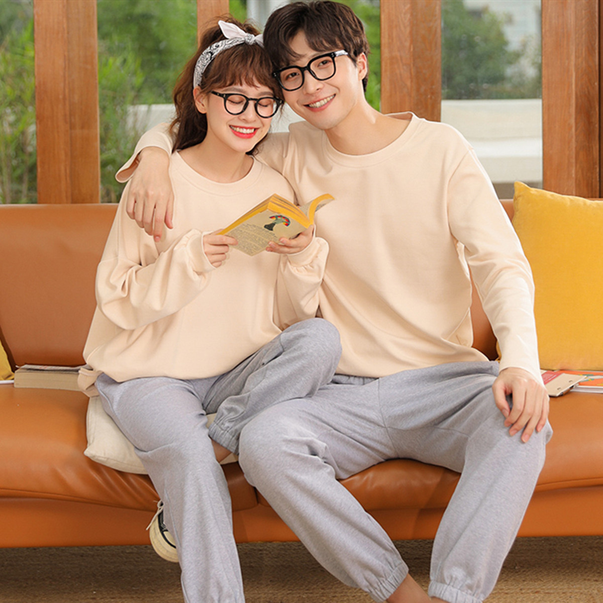Couple pajamas women's spring and autumn cotton long-sleeved Korean version simple can be worn outside men's summer cotton homewear suit