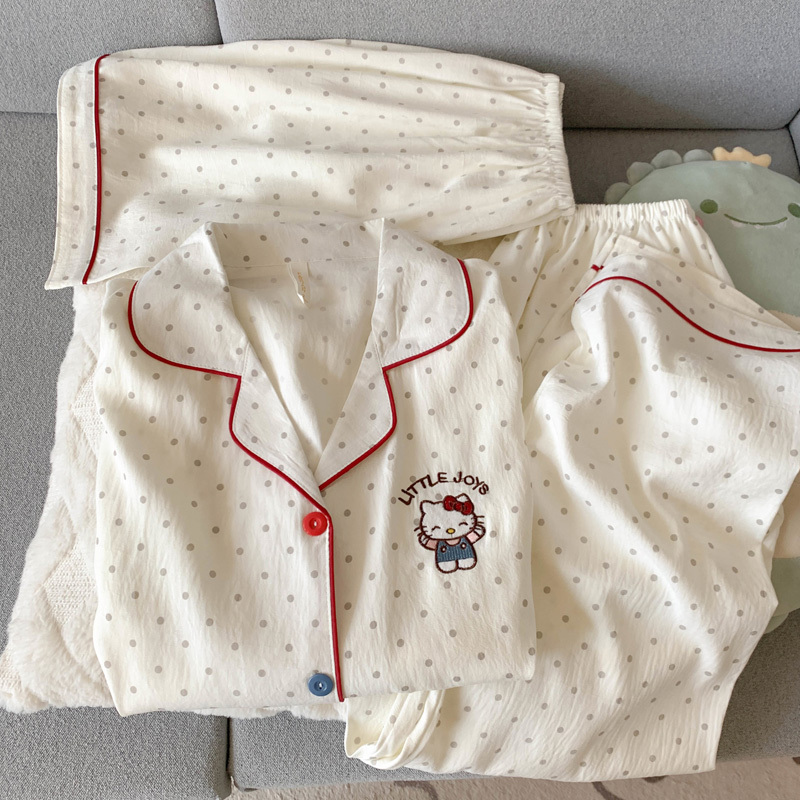 Polka Dot Cat Pajamas for Women, Summer Pure Cotton Gauze Short-Sleeved Cute Girl Student Cotton Silk Three-Piece Set Home Wear