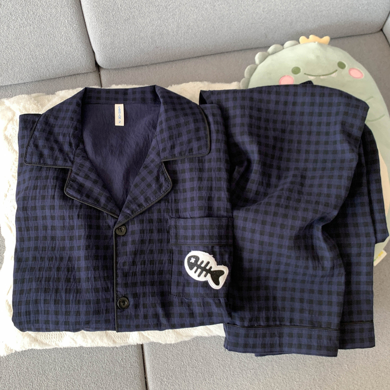 2026 New Sapphire Blue Plaid Men's Pajamas Spring, Autumn and Summer Cloud Pure Cotton Gauze Long-Sleeved Suit Large Size Home Wear