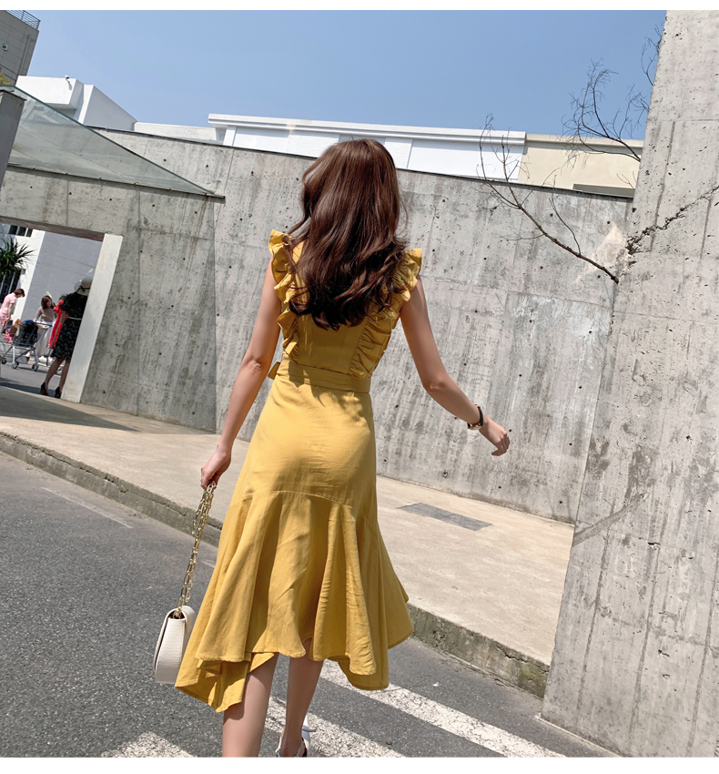 VK旗艦店 韓國風名媛荷葉邊魚尾修身氣質無袖洋裝