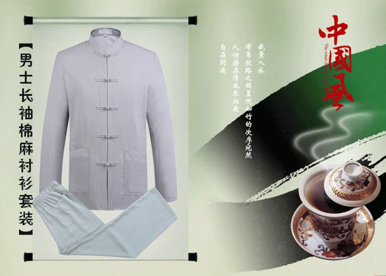 Mùa xuân và Mùa Thu Mới Trung Niên Tang phù hợp với nam ông nội dài tay áo phù hợp với linen Trung Quốc bông và linen trang phục dân tộc trang phục dân tộc tày