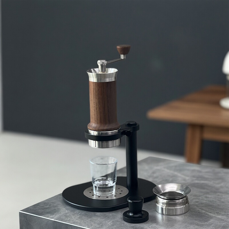 Italian Coffee Maker, Hand-Cranked Espresso Extraction, Non-Electric, Solid Wood Body, Suitable for Home, Outdoor Camping, Portable, Pressure-Adjustable Brewing