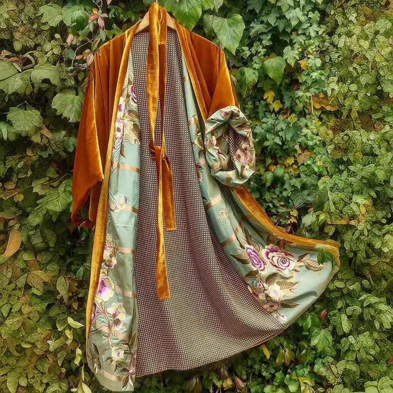 New Amazon Wish Export Large Size Korean Velvet Long Belt Satin Digital Floral Cardigan Dress Pajamas