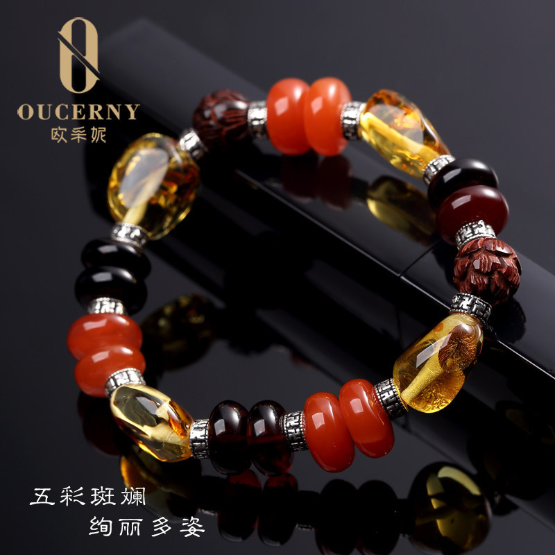 Ozeni amber hand string natural Baltic beeswax flower Perper blood Pernan Red multi-treasure bracelet for men and women