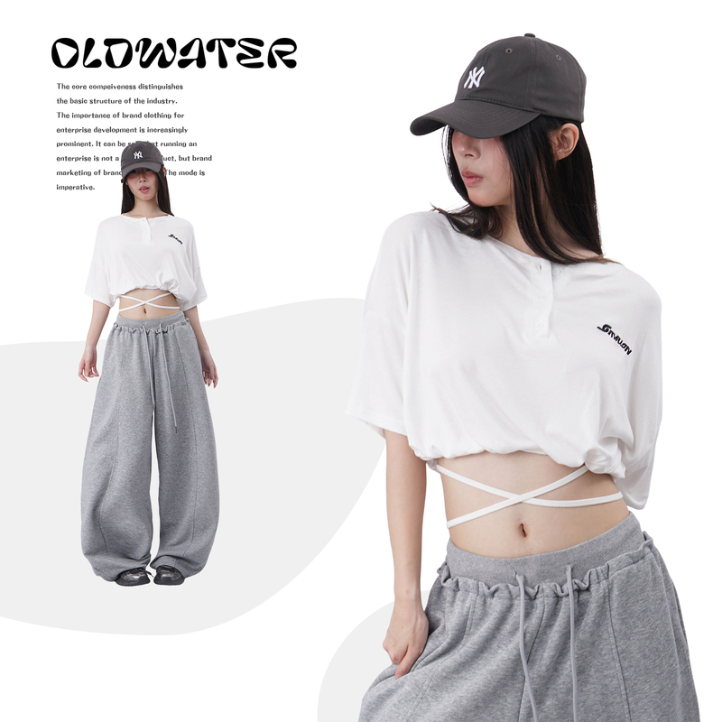 Hiphop Hip-Hop Jazz Dance Sports Blouse for Women Summer Design Henley Collar Cross-Waist Crop Top