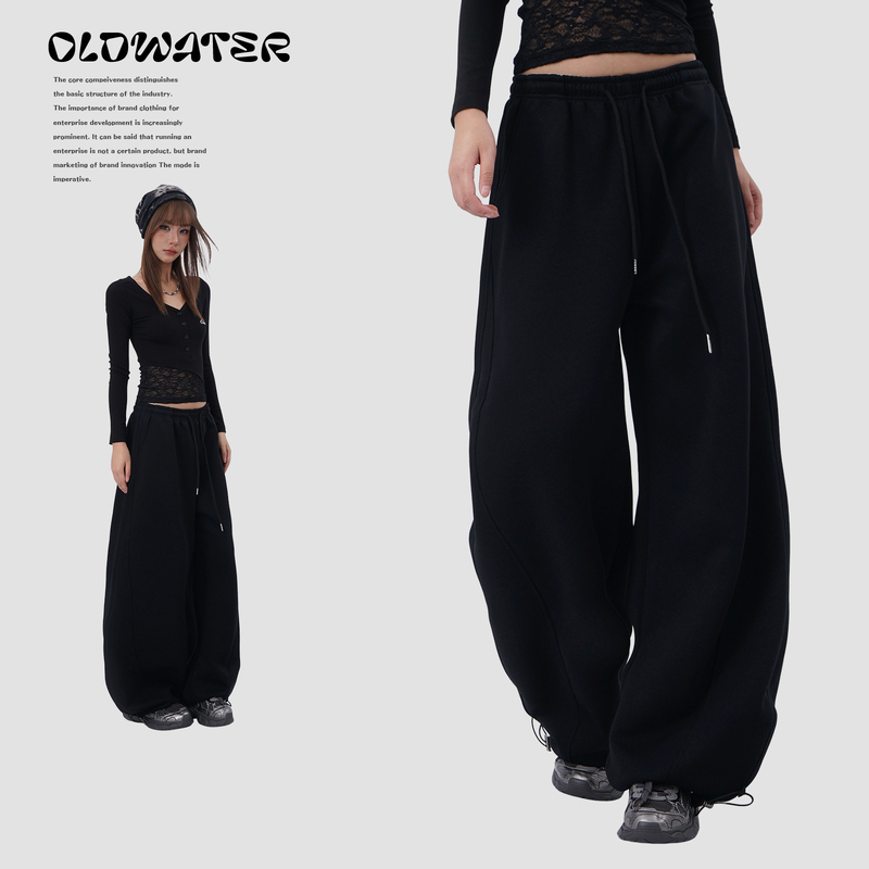 American High Street Hip-Hop Jazz Dance Black Sports Sweatpants for Women, Loose Straight-Leg Drawstring Jogger Wide-Leg Pants
