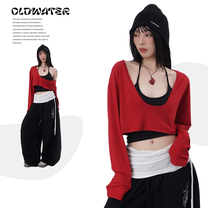 American High Street Style Loose Red Blouse Top for Women, High Elasticity, Off-Shoulder, Jazz Dance, Sexy, Crop Top, Layered Long-Sleeve T-Shirt
