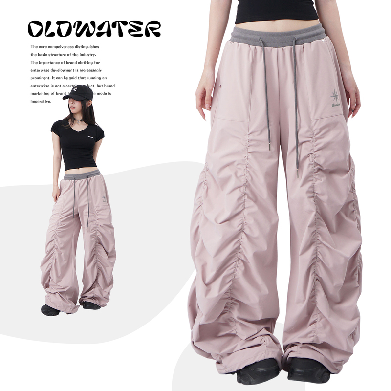 Dopamine Pink Quick-Dry Casual Sports Pants for Women, American-Style Pleated Design, Wide-Leg Loose Fit, Trendy Stacked Long Pants