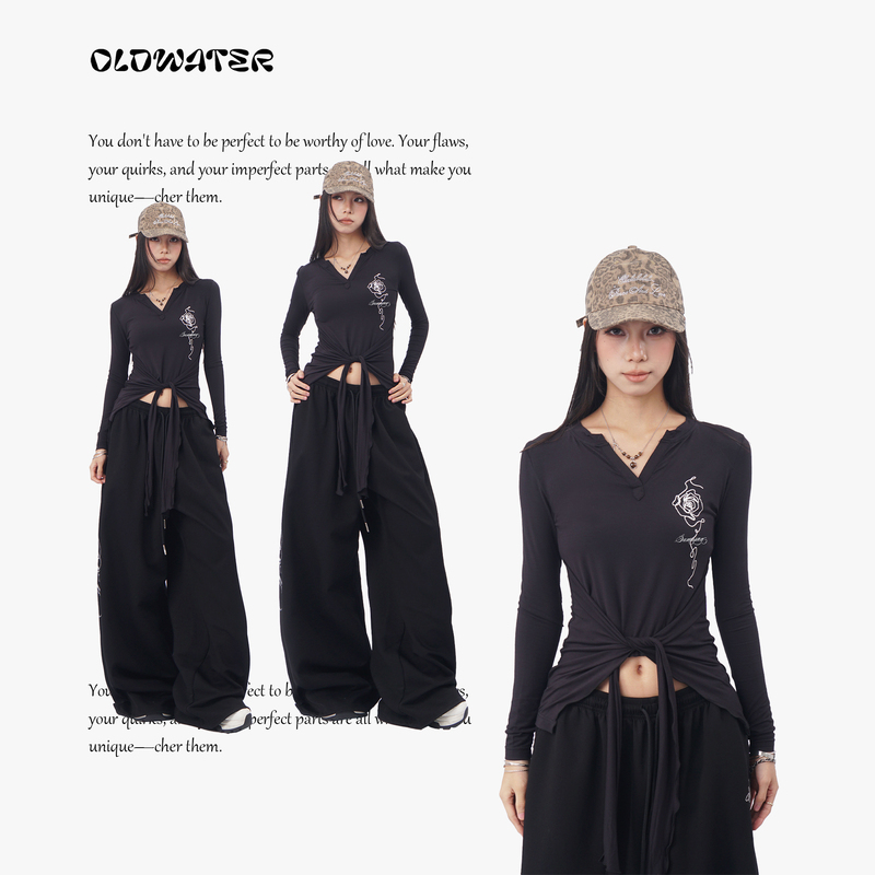 Oldwater Black Long-Sleeve Top with Rose Embroidery, Tie-Up Design, Waist-Cinching, Slim-Fit Style Oldwater Black Long-Sleeve Top with Rose Embroidery, Tie-Up Design, Waist-Cinching, Slim-Fit Style