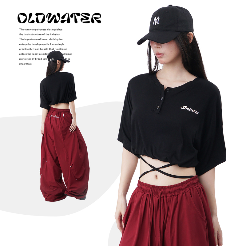 Design-Inspired Waist-Crossover Tie Short-Sleeve T-Shirt for Women, Summer 2026 New Style, Sexy Cropped Loose Top, Trendy