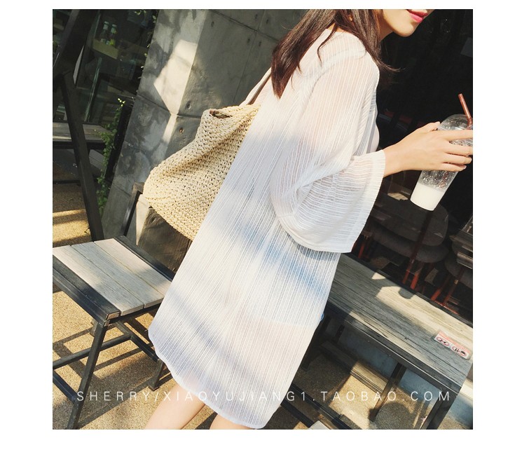 Hàn quốc phiên bản của ren voan cardigan của phụ nữ phần dài áo khoác mỏng dài tay lưới áo sơ mi khăn choàng bãi biển kem chống nắng quần áo bên ngoài mất ao so mi nu dep
