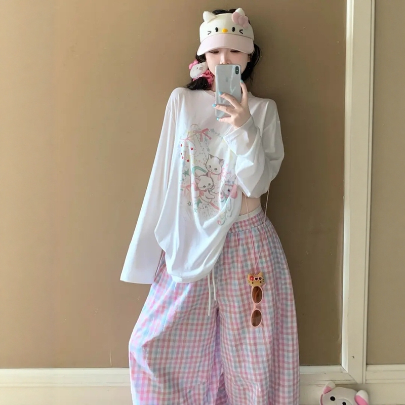 Korean Casual Sports Suit for Women, Summer Lazy and Relaxed Style, Cartoon Long-Sleeved T-Shirt, Plaid Wide-Leg Pants Two-Piece Set Korean Casual Sports Suit for Women, Summer Lazy and Relaxed Style, Cartoon Long-Sleeved T-Shirt, Plaid Wide-Leg Pants Two-Piece Set
