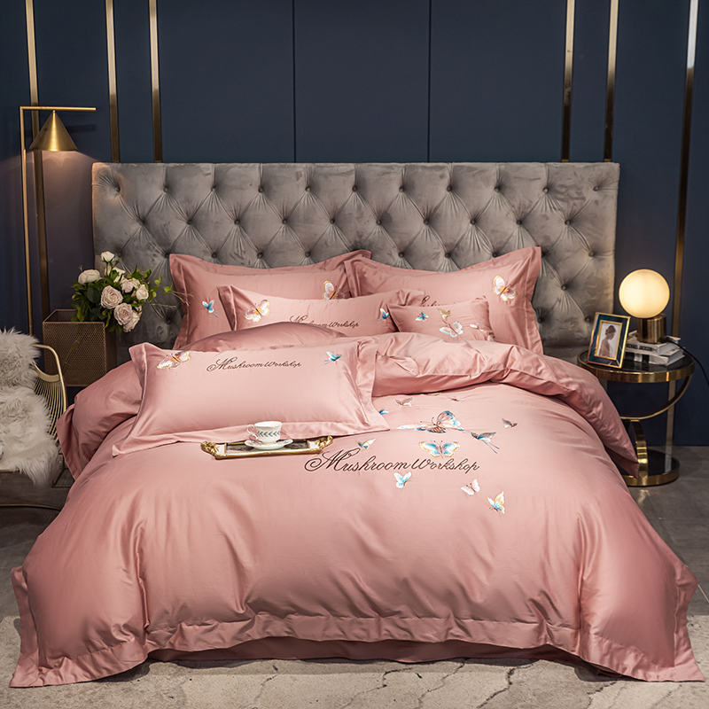 Embroidered 100% cotton pure cotton four-piece set simple solid color light luxury wind quilt cover sheet 1 8m bedding