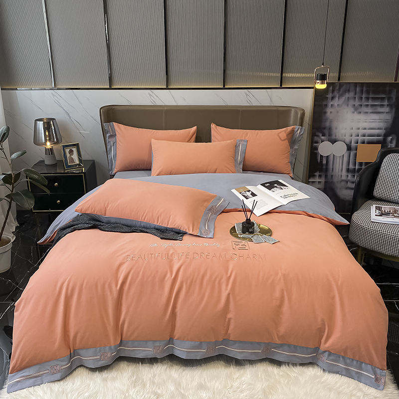 100% pure cotton full cotton thickened mill wool four pieces of pure color embroidery quilt cover double bed single autumn and winter bed bedding