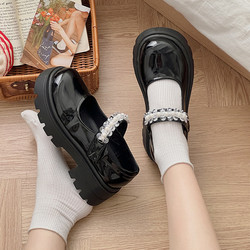 Shenlin black thick-soled rhinestone Mary Jane shoes for women 2024 new cute college Velcro heightening small leather shoes