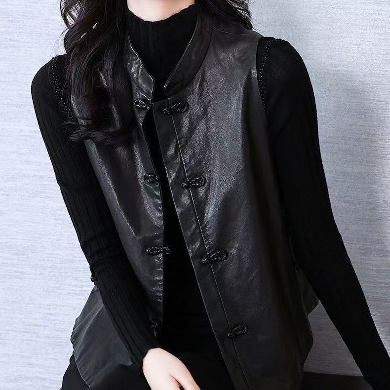 Haining Pu Leather Vest with Button Closure 2026 New Style Vest Retro Chinese Style Women's Jacket