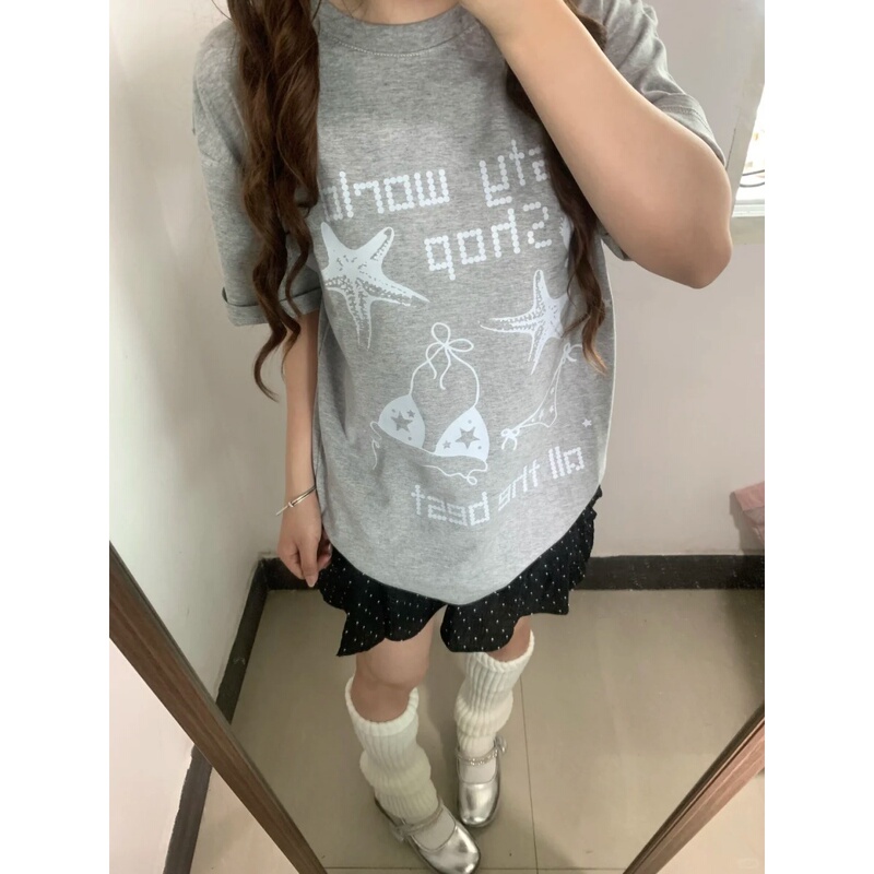 American Hot Girl Style Letter Print Short-Sleeved T-Shirt for Women, Gray Round Neck, Loose and Versatile, Casual Student Half-Sleeved Top