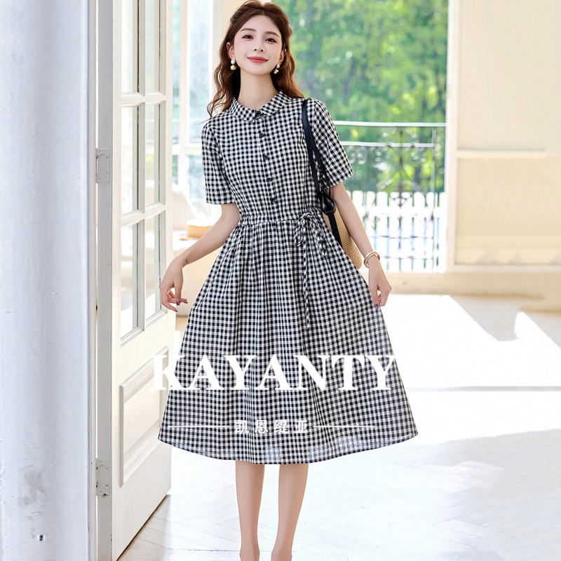 Kayanty Cotton and Linen Dress Women's Mid-Length Summer New Korean Style Women's Clothing Good-Looking Loose Casual Plaid Skirt