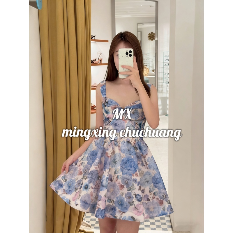 Australian Light Luxury Style Blue Printed Spaghetti Strap Dress, New Spring/Summer Waist-Cinching Slimming Vacation Mini A-Line Skirt