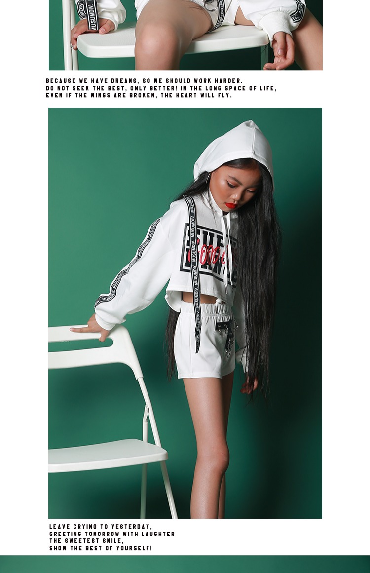 Xi Dance Hall Girls Jazz Dance Trang phục White Ring Ring Set Children Jazz Street Dance Hip Hop Set Cheerlead áo trẻ em