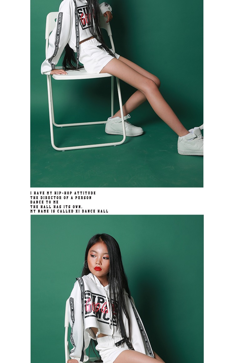 Xi Dance Hall Girls Jazz Dance Trang phục White Ring Ring Set Children Jazz Street Dance Hip Hop Set Cheerlead áo trẻ em