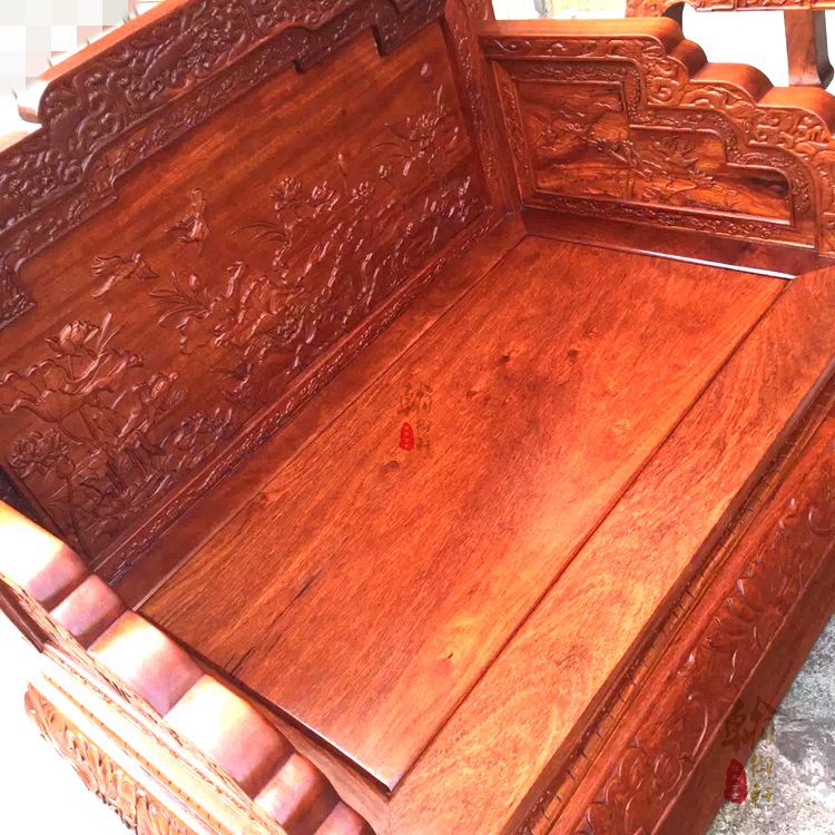 Sofa Mahogany gỗ hồng mộc Miến chạm khắc sofa ngai sen 1 + 2 + 3 sáu mảnh lớn bằng gỗ hồng mộc nội thất phòng khách - Bộ đồ nội thất giường ngủ hiện đại