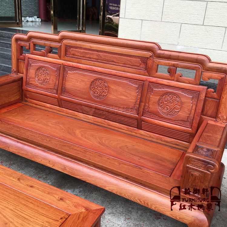 Gỗ hồng mộc Miến Điện quốc gia Thiên Hương 1 + 2 + 3 bộ ghế sofa chạm khắc sáu quả gỗ hồng mộc lớn bằng gỗ gụ - Bộ đồ nội thất giường gấp