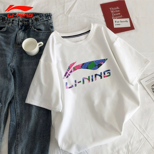 Li Ning, летняя хлопковая дышащая брендовая белая спортивная футболка, короткий рукав, сезон 2021, свободный крой, в корейском стиле