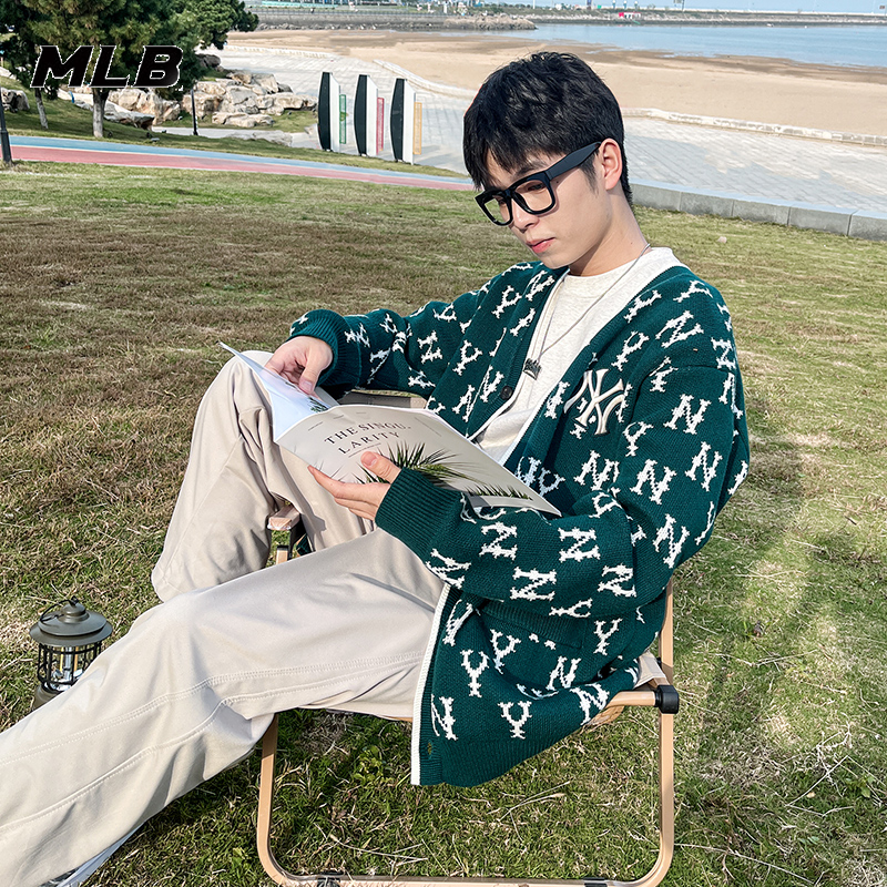 MLB Official Retro Old Flower Knit Cardiovert Jacket Man Fall New Sportswear Green Casual Loose Jacket-Taobao