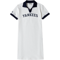 MLB official womens POLO collar short-sleeved dress 2024 summer new sports skirt black and white contrasting long skirt