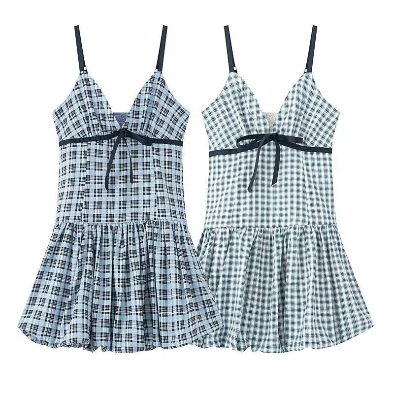 Bm Little Seagull Plaid V-Neck Bow Tie Hem Skirt Pants Style Suspender Dress Short Skirt Women's Pleated Puff Skirt Bm Little Seagull Plaid V-Neck Bow Tie Hem Skirt Pants Style Suspender Dress Short Skirt Women's Pleated Puff Skirt
