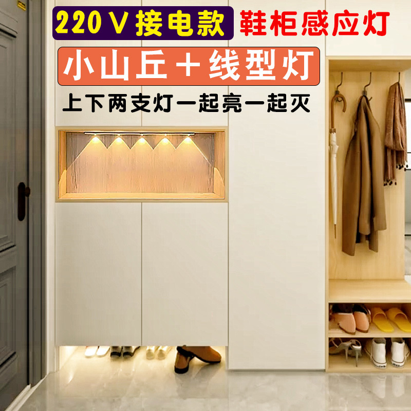 Small Hill-Shaped Entryway Shoe Cabinet with Sensor Light, Wired 220V, Plug-In, Surface-Mounted under the Cabinet for the Foyer