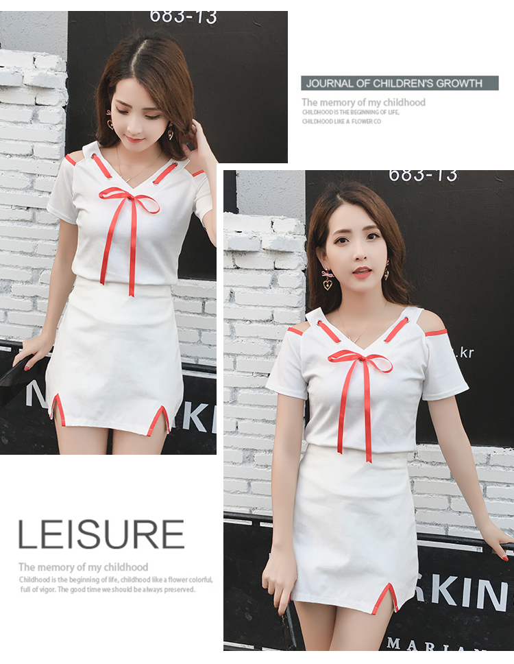 VK旗艦店 韓國風休閒兩穿露肩性感蝴蝶結套裝短袖裙裝