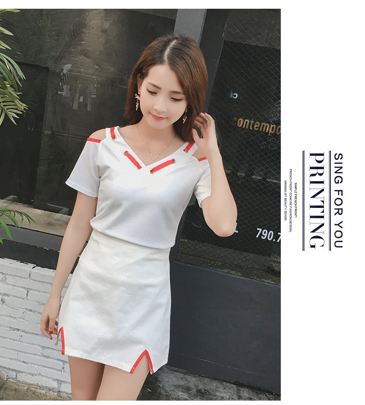 VK旗艦店 韓國風休閒兩穿露肩性感蝴蝶結套裝短袖裙裝