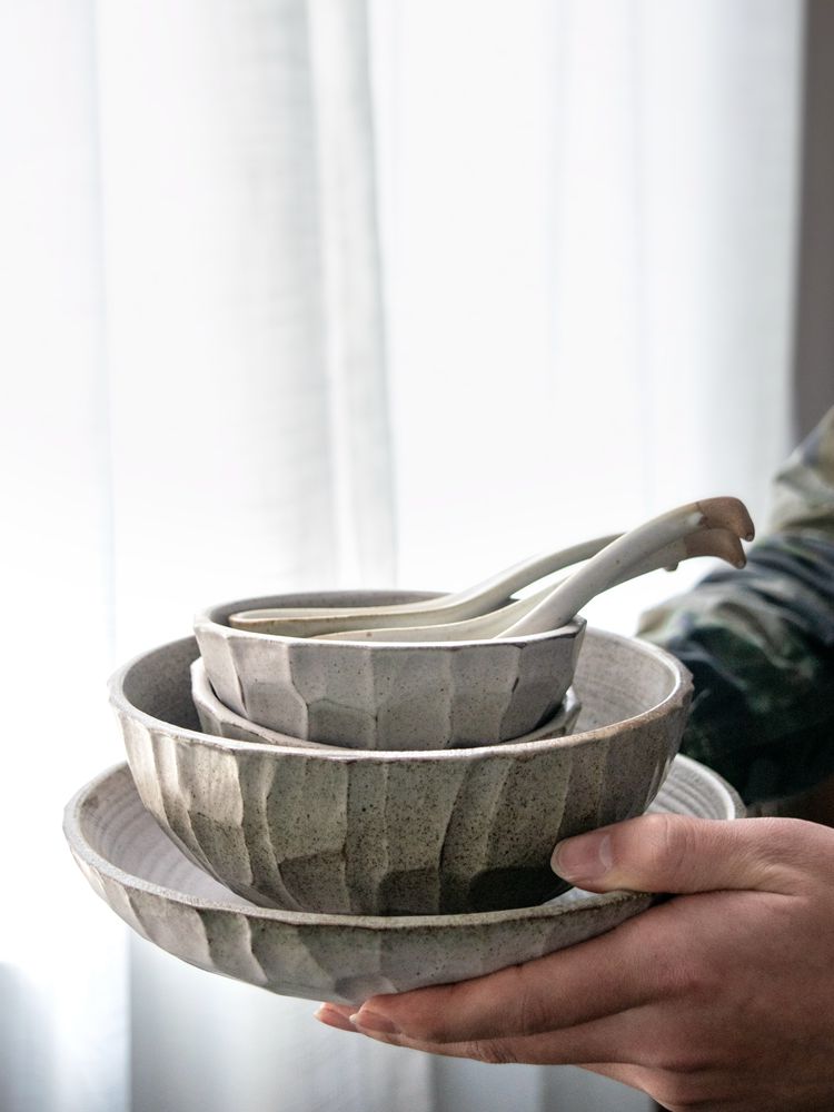 Japanese handmade coarse pottery tableware set Soup bowl Creative retro nostalgic old-fashioned quaint old earth pottery bowl plate