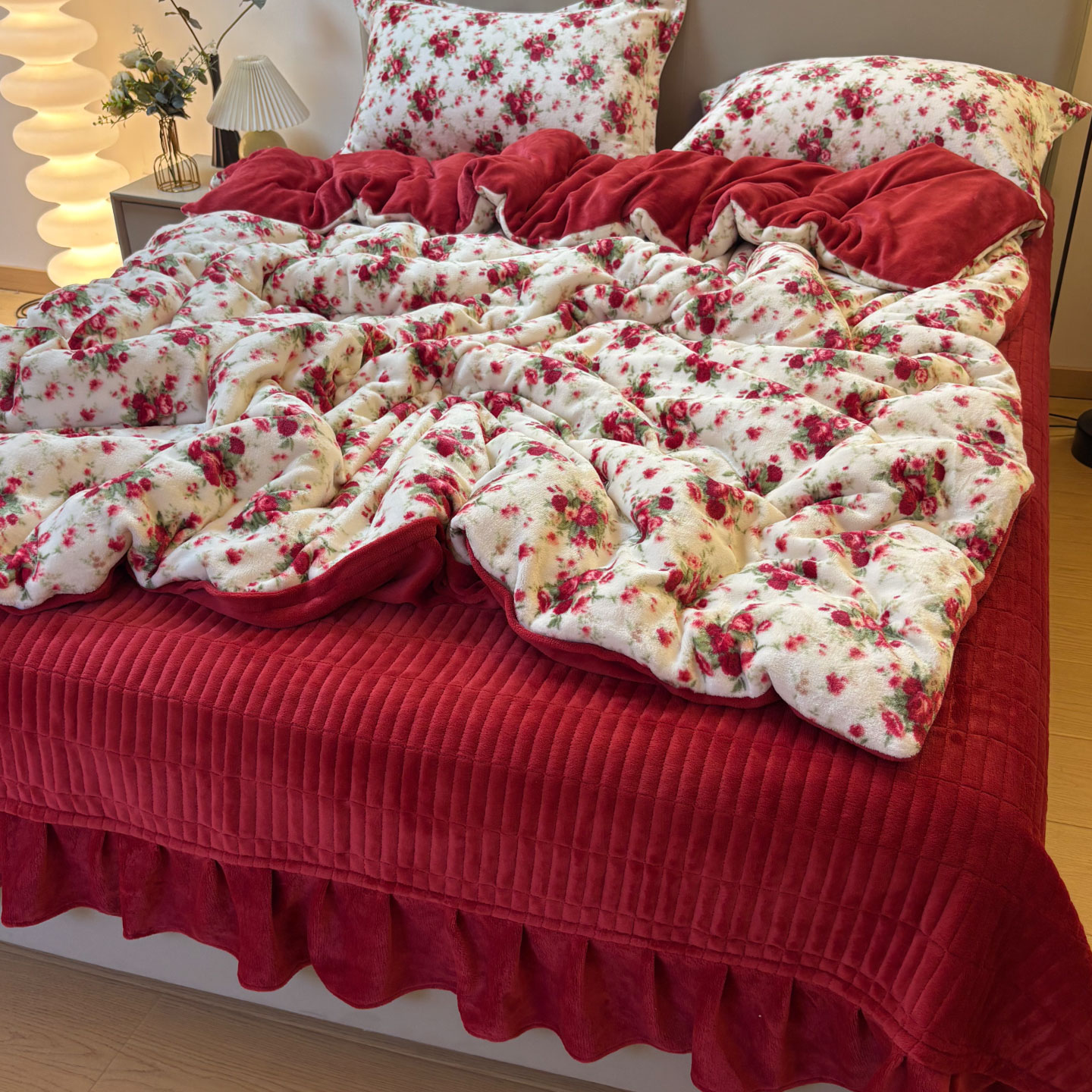 中式复古牛奶绒四件套床盖款冬季加厚双面法兰珊瑚绒被套夹棉床单