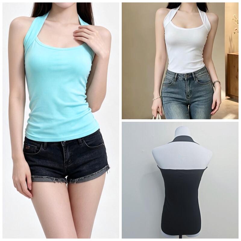 Summer Korean Style Slim Halter Neck Sleeveless T-Shirt Off-Shoulder Pure Cotton Camisole Top Women's Tight Casual Base Shirt Summer Korean Style Slim Halter Neck Sleeveless T-Shirt Off-Shoulder Pure Cotton Camisole Top Women's Tight Casual Base Shirt