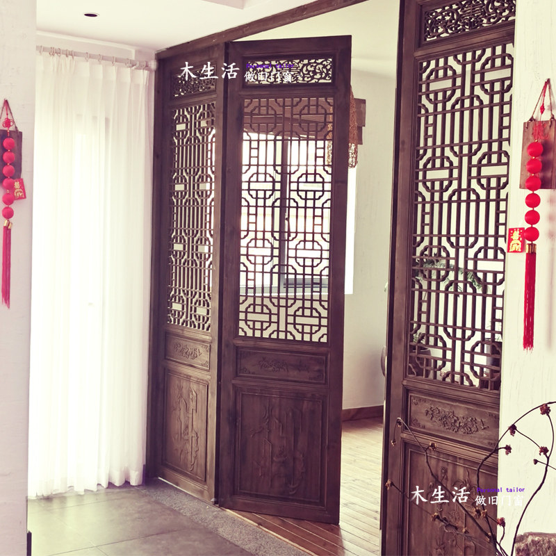 Dongyang wood carving Chinese solid wood flower lattice imitation ancient doors and windows to make old ancient wind carved and flower partition screen background wall customization
