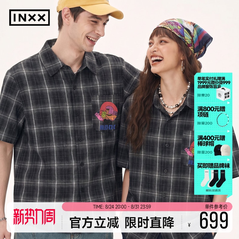Inxx Jiang Lisha Artist Collaboration Series Retro Plaid Short-Sleeved Shirt for Men, Summer Loose Printed Shirt for Women