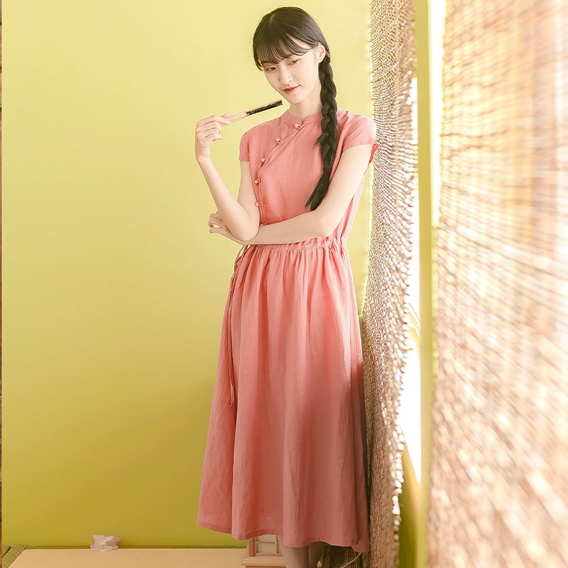 Retro ramie lỏng màu rắn váy mùa hè phong cách cotton và vải lanh văn học của phụ nữ phong cách Trung Quốc cải tiến sườn xám váy dài váy nữ - váy đầm