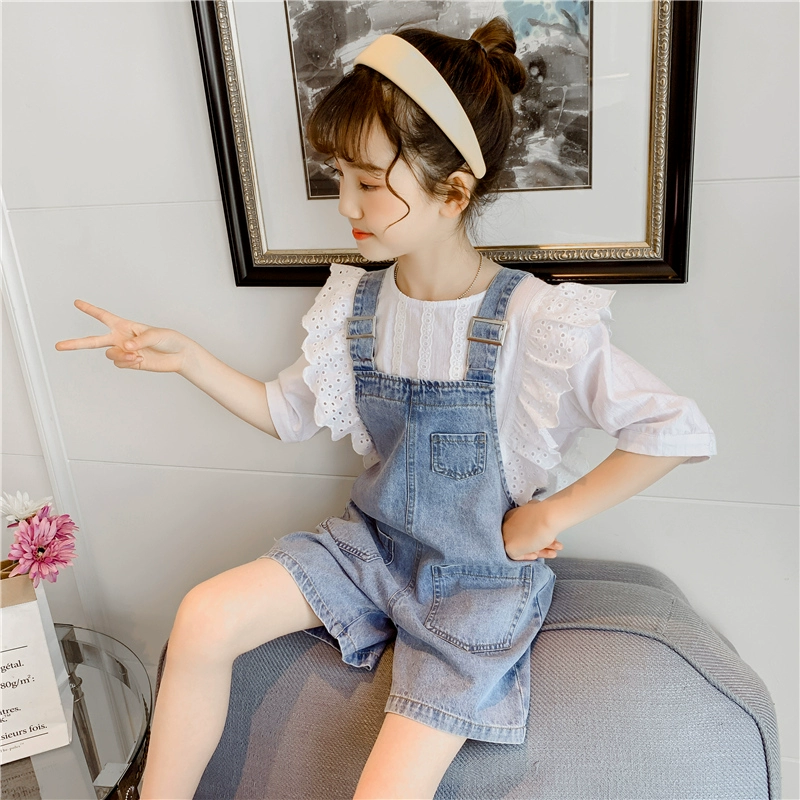 Cô gái denim lửng quần đùi phù hợp với lưới người nổi tiếng nước ngoài mùa hè lớn của trẻ em mùa hè 2020 mới cho trẻ em bộ đồ hai mảnh ngắn tay - Phù hợp với trẻ em